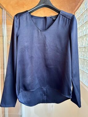 Armani Exchange Navy Blue V-Neck Long Sleeve Satiny Top